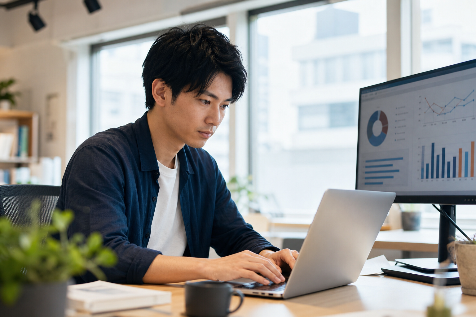 若手の担当者がパソコンで広告データを分析する様子(生成画像)